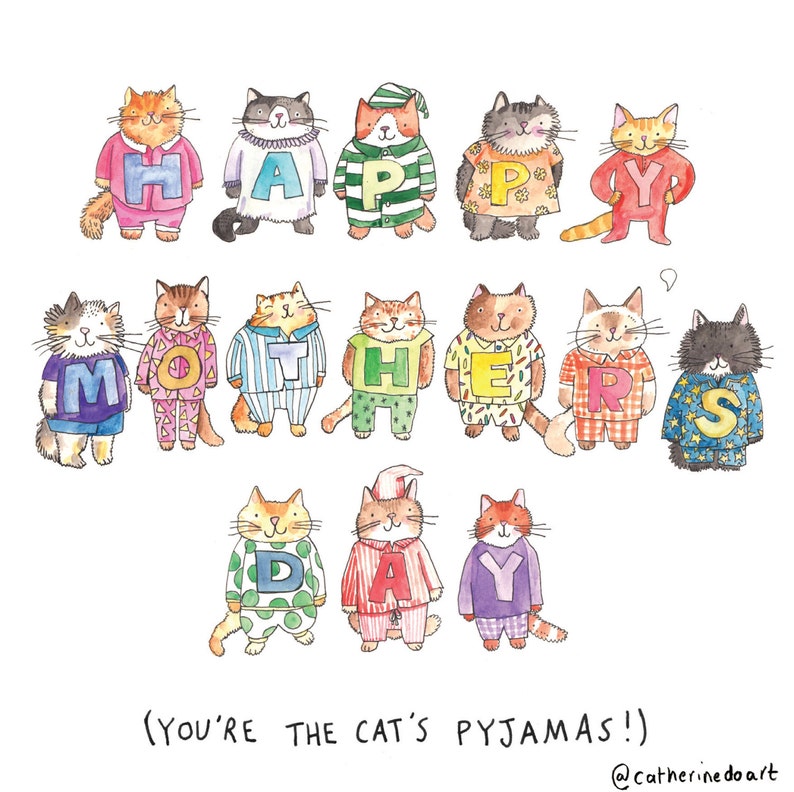 Happy Mother's Day You're the cat's pyjamas Mother's Day Card humour cats cute illustration watercolour image 3