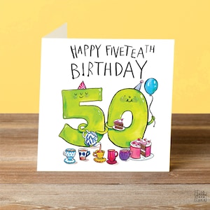 Tarjeta de cumpleaños de Happy FiveTeath Fifthieth * 50 cumpleaños * Celebra * Ilustración * Números * Juego de palabras * Humor