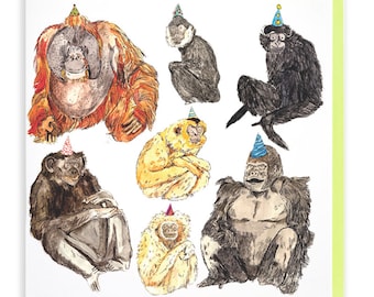 Apes in Party Hats - Greetings Card - Humour - Animals - Fun