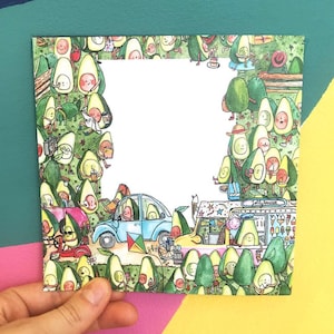 May include: A colorful illustration of avocados driving cars and visiting a "Jelly Bean" ice cream truck. The avocados are wearing clothes and have human-like features. The illustration is surrounded by a border of avocados.
