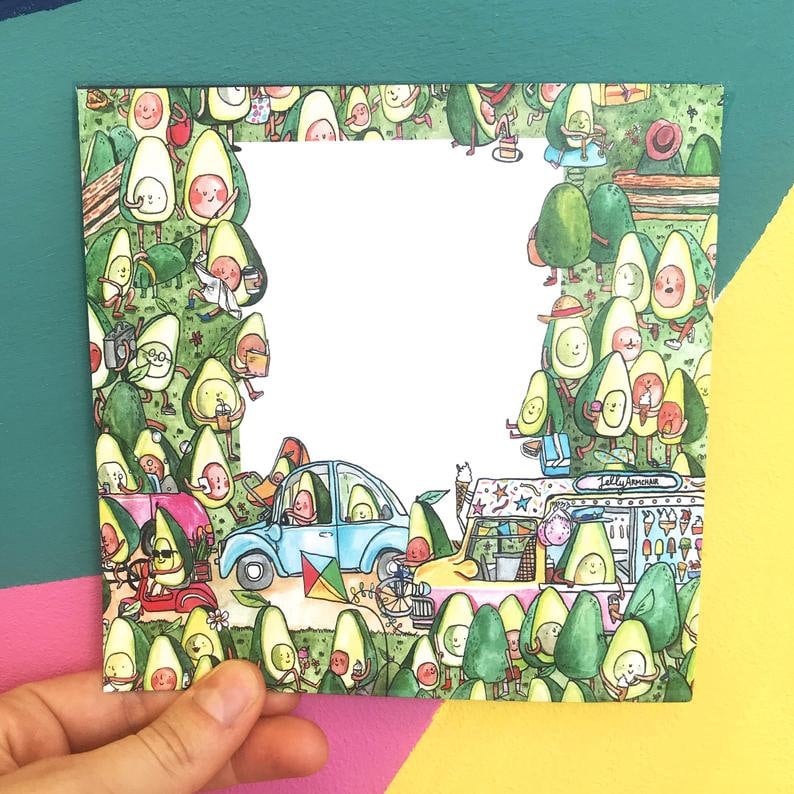 May include: A colorful illustration of avocados driving cars and visiting a "Jelly Bean" ice cream truck. The avocados are wearing clothes and have human-like features. The illustration is surrounded by a border of avocados.