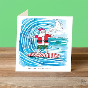 Yule Tide Surfing Santa - Cartão de Natal - Cartão de Saudações - Humor - Trocadilho - Sazonal - Inverno - Surfe - Austrália - Natal ensolarado