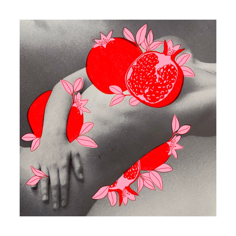 Pomegranate Collage Figure Art Print, Mixed Media Art, Implied Nude Art Print, Sapphic Art Print, Fruit Art, Fruity Art Print 