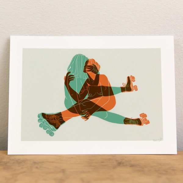 Skate Date Queer Art Print, queer couple art, roller skating art print, roller derby art, derby wife gift, lgbt love Art print