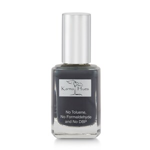 May include: A dark gray nail polish bottle with a silver cap. The bottle has a label that says "Karma Hues" and "No Toluene, No Formaldehyde and No DBP".