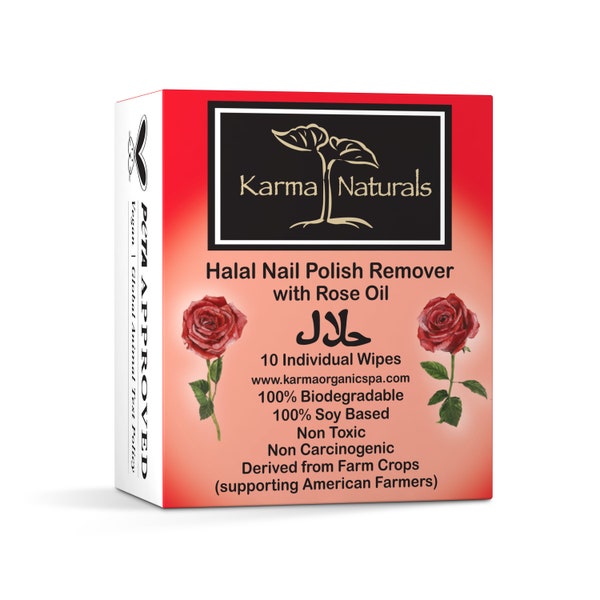 Karma Halal Nail Polish Remover Lingettes à l’huile de rose; Non toxique, végétalien, sans cruauté – Paquet de 10