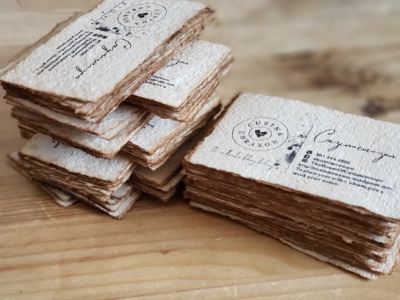3.5" x 2" Distressed look Personalized Printed Card/ Vintage Business Card/ Coffee stained paper handmade from recycled paper - 100 sheets
