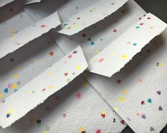 Valentine Envelope and Card Set of 6/ Rainbow Heart Confetti Envelope & Card/ Recycled Handmade Valentine Cards