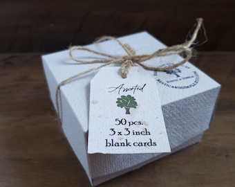 50 sheets of 3" x 3" Writing Paper from handmade recycled paper/ Note paper box with 100 sheets of paper/ note pads/ Recyced Blank Cards