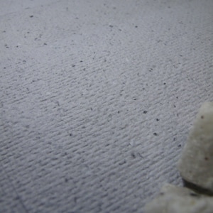 May include: A close-up of a textured, light gray surface with small, dark specks. The surface has a subtle, linear pattern.
