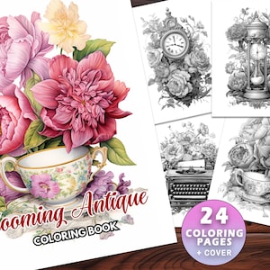 24 Vintage Chic Coloring Book: Instant Download, Grayscale PDF, Floral, Timepieces, Adorable Designs, Adults + Kids, Grayscale Illustrations
