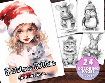 24 Weihnachten Eichhörnchen niedlichen Tiere Malseiten Buch, Erwachsene + Kinder, Sofort Download Graustufen Malseite, druckbare PDF Eichhörnchen, Fuchs