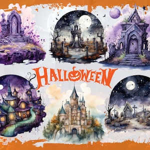 以下が含まれることがあります： ハロウィーンのシーンを描いた水彩イラスト。お化け城、墓地、不気味な家など。 「ハロウィーン」という言葉は、カボチャと一緒にオレンジ色で書かれています。 このアートワークは、紫、黒、オレンジの色合いの暗い色調を使用しています。
