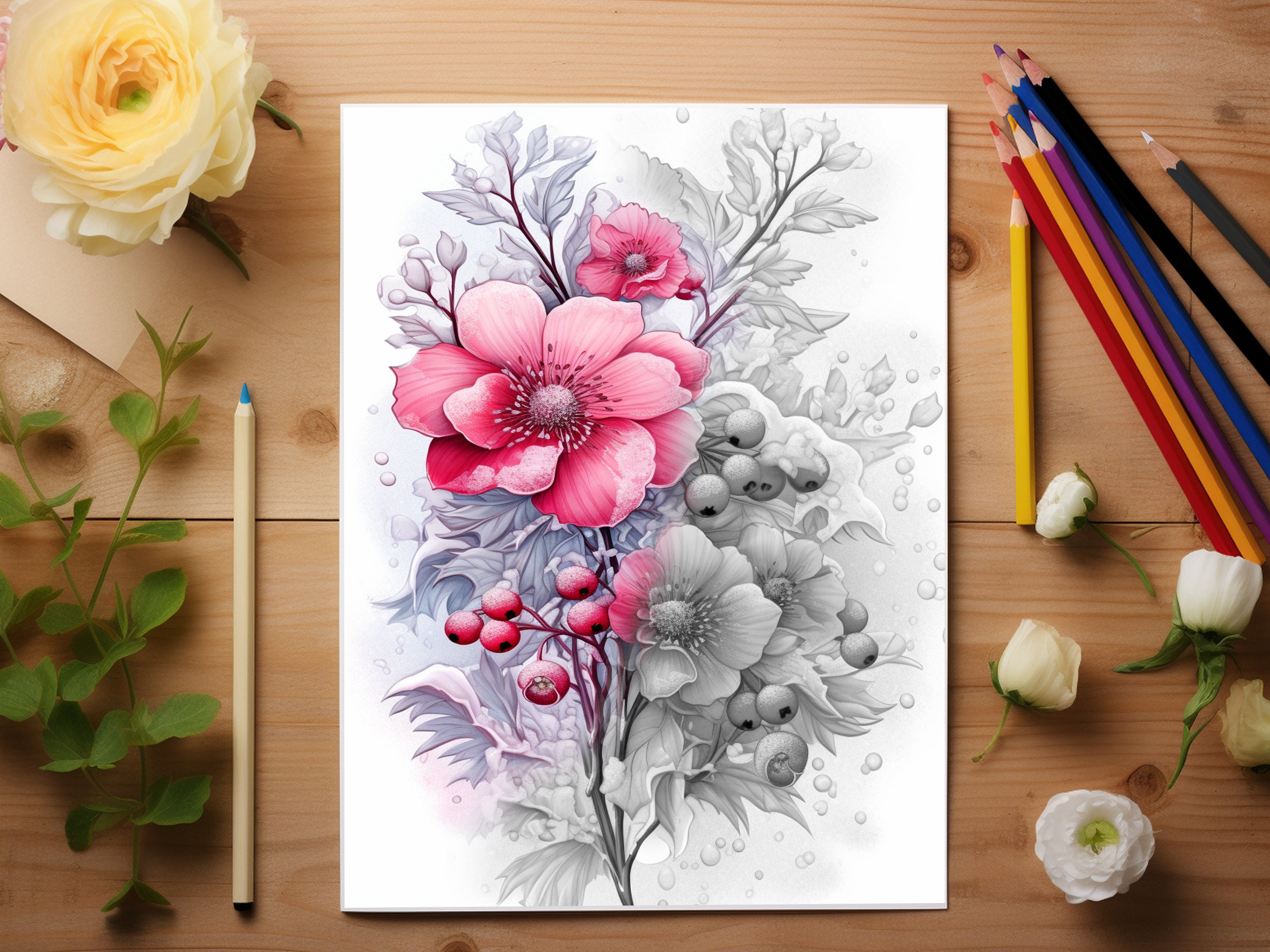 30 Frosted Winter Flowers Coloring Page Book, Adults Kids Instant ...