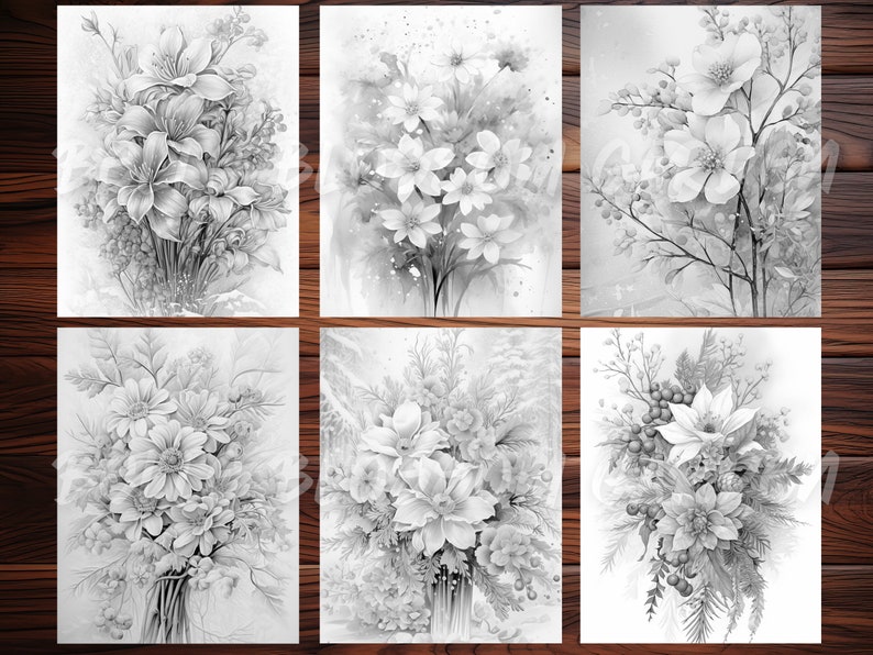 30 Frosted Winter Flowers Coloring Page Book, Adults Kids Instant