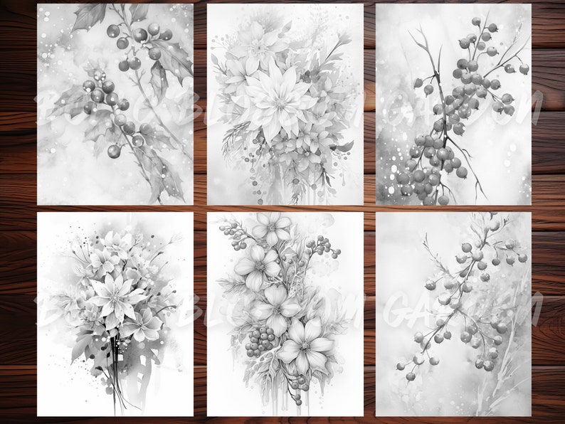 30 Frosted Winter Flowers Coloring Page Book, Adults Kids Instant