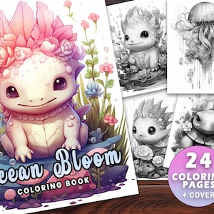 Ocean Bloom Coloring Book, Adults Instant Download -Grayscale Coloring Page - Printable PDF, underwater, jelly fish, octopus, sea life, fish
