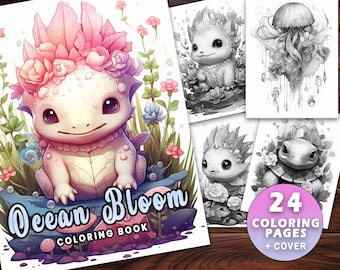 オーシャン ブルーム ぬり絵 大人向け 即時ダウンロード - グレースケール ぬり絵ページ - 印刷可能な PDF、水中、クラゲ、タコ、海の生物、魚