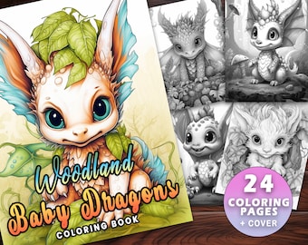 24 Baby Woodland Dragon Fantasy Coloring Page Book, Adults + kids- Instant Download Grayscale Coloring Page, Printable PDF, Dragons coloring