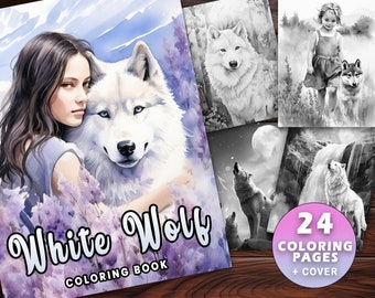 24 Woodland White Wolf and Fairy Coloring Page Book, Adults + kids Instant Download Grayscale Coloring Page, Printable PDF, Forest Coloring