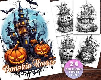 24 Pumpkin Houses Coloring Book - A Halloween Haunted Home Adventure - Adults and Kids - Download, Grayscale PDF, Spooky Ghosts