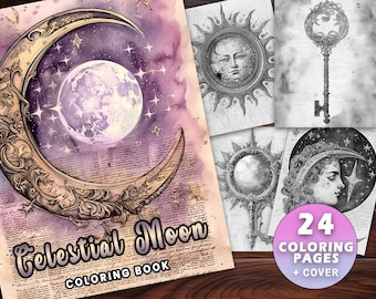 24 Livre de coloriage de la lune céleste - Téléchargement instantané, PDF imprimable pour adultes et enfants - coloration de la lune, coloration spirituelle, fleurs, pas de stress