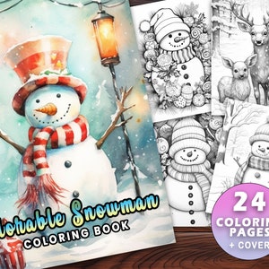 24 Adorable libro de páginas para colorear de muñeco de nieve - Delicias del país de las maravillas de invierno, adultos + niños Descarga instantánea de página para colorear en escala de grises, PDF imprimible