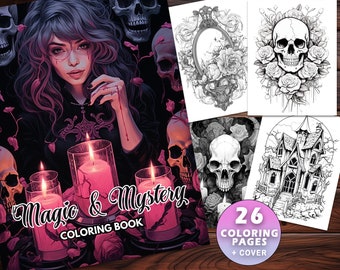 26 Magic & Mystery Malbuch - Dark Witchy Vibes für Erwachsene und Kinder - Download, druckbare PDF-Datei, Mystische Kunst, Graustufen, Kerzen, Katzen