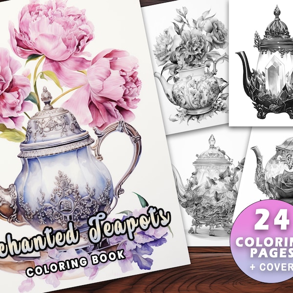 Enchanted Crystal Teapots Coloring Book, Adults kids Instant Download - Grayscale Coloring Book Printable PDF, Flower Houses, Fairy, Magical