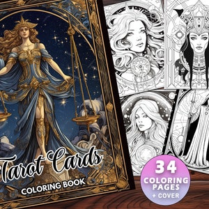 34 Tarot Cards Coloring Book - Mystical Art for Adults and Kids - Download, Grayscale PDF, Fortune Telling Illustrations, magic, witches