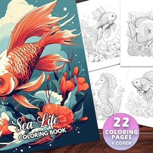 22 Sea Life Coloring Book - Dive into a World of Ocean Animals - Adults and Kids - Instant Download, Grayscale PDF, Underwater Creatures