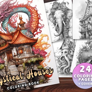 24 Mystical Homes Coloring Book, Adults kids Instant Download -Grayscale Coloring Book -Printable PDF, Fantasy Houses, Sea Life, Octopus