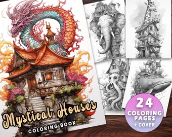 24 の神秘的な家の塗り絵、大人と子供向けの即時ダウンロード - グレースケールの塗り絵 - 印刷可能な PDF、ファンタジーの家、海の生き物、タコ