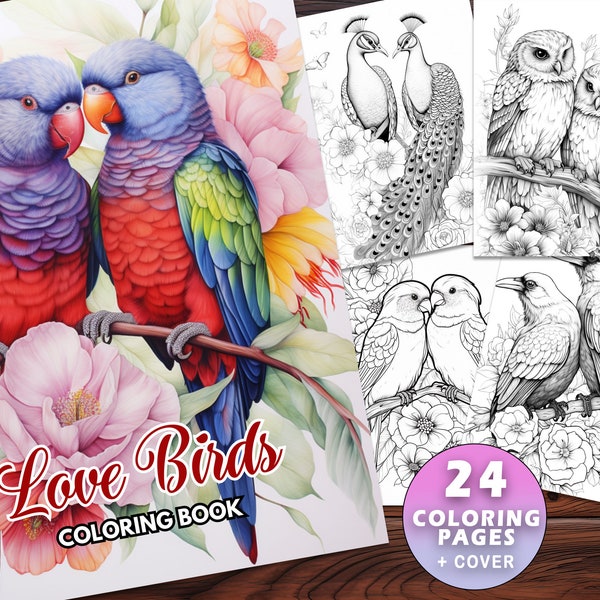 24 Love Birds Coloring Book - Adorables illustrations d’oiseaux pour adultes et enfants - Téléchargement instantané, PDF imprimable, Art animalier mignon, niveaux de gris