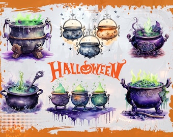 46 Watercolor Halloween Cauldrons Clipart | 46 PNG Graphics, Happy Halloween, Instant Download for Commercial Use