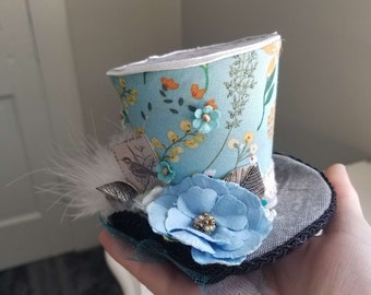 Light Blue Floral Vintage Inspired Mini Top Hat - Flowers and Blue Feather