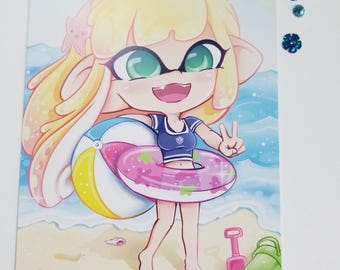 2020 June Summer Art Print Gold Embossed 5x7 SIGNED Summer Squid Inkling