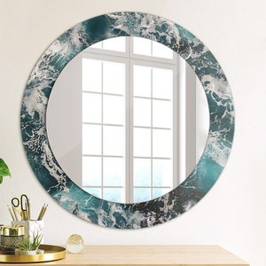 Mer orageuse, bleu, miroir rond, miroir décoratif, impression sur cadre, miroir mural original