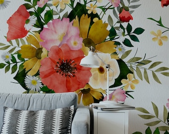 Wildflowers Bouquet Removable Wallpaper, Watercolor Flowery wall mural, Peel and stick wallmural, Floral mural, Wall murals #65