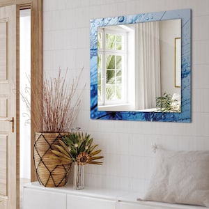 Miroir gouttes sur pissenlits, miroir rectangulaire avec cadre, miroir mural bleu, cadre décoratif imprimé, salon