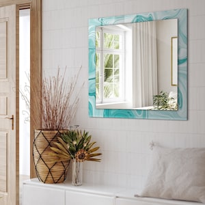 Espejo con diseño de mármol abstracto, espejo rectangular con marco, espejo de pared turquesa, marco decorativo estampado, espejo para sala de estar.