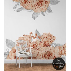 Blooming Rose Removable Wallpaper, Grey Wall Mural, Floral Print Wall ...