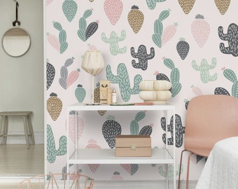 Pastel Cactus wallpaper, Peel and stick removable wallpaper, Wall decal, Cactus wall decor, Cactus Wall Mural Self adhesive wall murals  #5