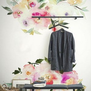 Mural de pared con flores silvestres recolectadas, papel tapiz con abstracción de flores de acuarela, papel tapiz extraíble, decoración de pared para guardería con flores de campo n.° 67