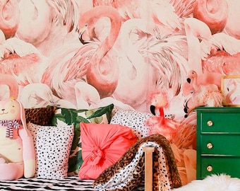 Flamingo wallpaper, Tropical pink wall mural, custom Printed Removable Self Adhesive paper by coloray #45