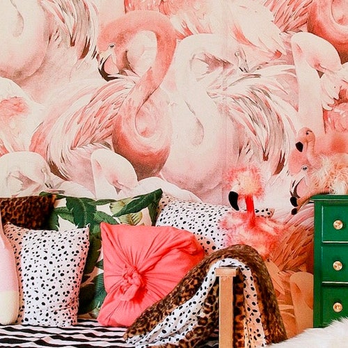 Tropical pink wall mural Flamingo wallpaper custom Printed Removable Self Adhesive paper by coloray Tropical pink wall mural Flamingo wallpaper custom Printed Removable Self Adhesive paper by coloray
