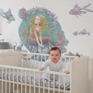 Mermaid tales Wall Stickers for Kids Room, Pastel Baby Room Decor, Fantastic Wall Decal for Children&#39;s Room, Self Adhesive Decal