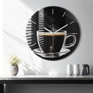 Black coffee Glass Clock, Black Modern Wall Clock, Food Personalized Clock, Personalized Clock, Tempered Glass Clock