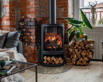 Chimenea redonda de vidrio templado, transparente, estilo minimalista moderno.