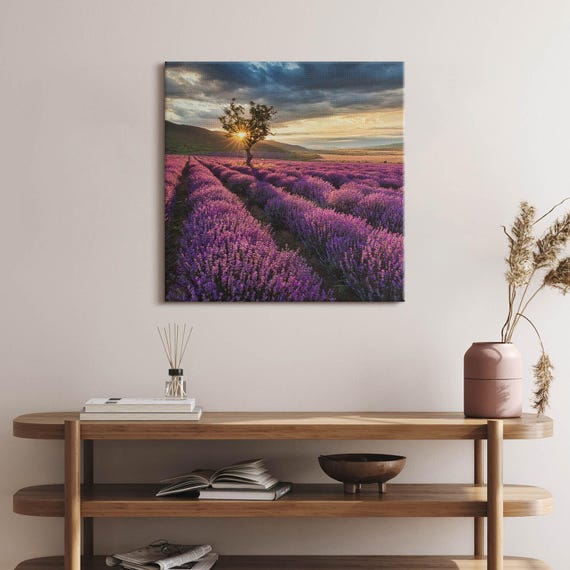 ラベンダー畑の風景キャンバス、絵画壁掛け、紫の壁装飾、風景
